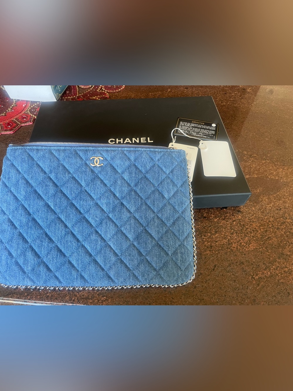 NWT authentic CHANEL Blue Quilted Denim Chain Pouch clutch Silver chain trim  CC